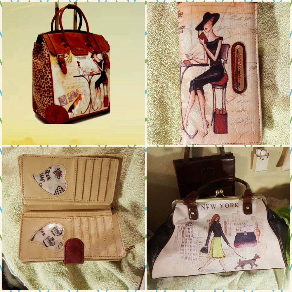 3 pc Nicole Lee rolling bag purse and wallet